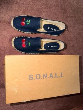 Navy Cherry Embroidered Espadrille Flats
